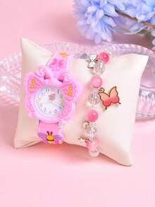 2pcs/Set Creative Rotating Butterfly Dial Watch, Fashion Quartz Wrist Watch & Bracelet For Girls - Pink - View 5