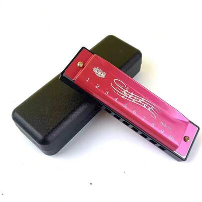 قطعة واحدة هارمونيكا معدنية ذهبية التيتانيوم ب- 10 فتحات مع علبة، هارمونيكا محمولة للمبتدئين والمرافقة، أداة تعليمية للموسيقى