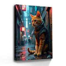 1pc Framed Canvas Poster, Orange Cat, Tactical Vest, Cyberpunk-Style Wall Art Canvas Paintings, Ideal Gift For Bedroom Living Room Corridor, Wall Art, Wall Decor, Room Decoration - Multicolor - View 1