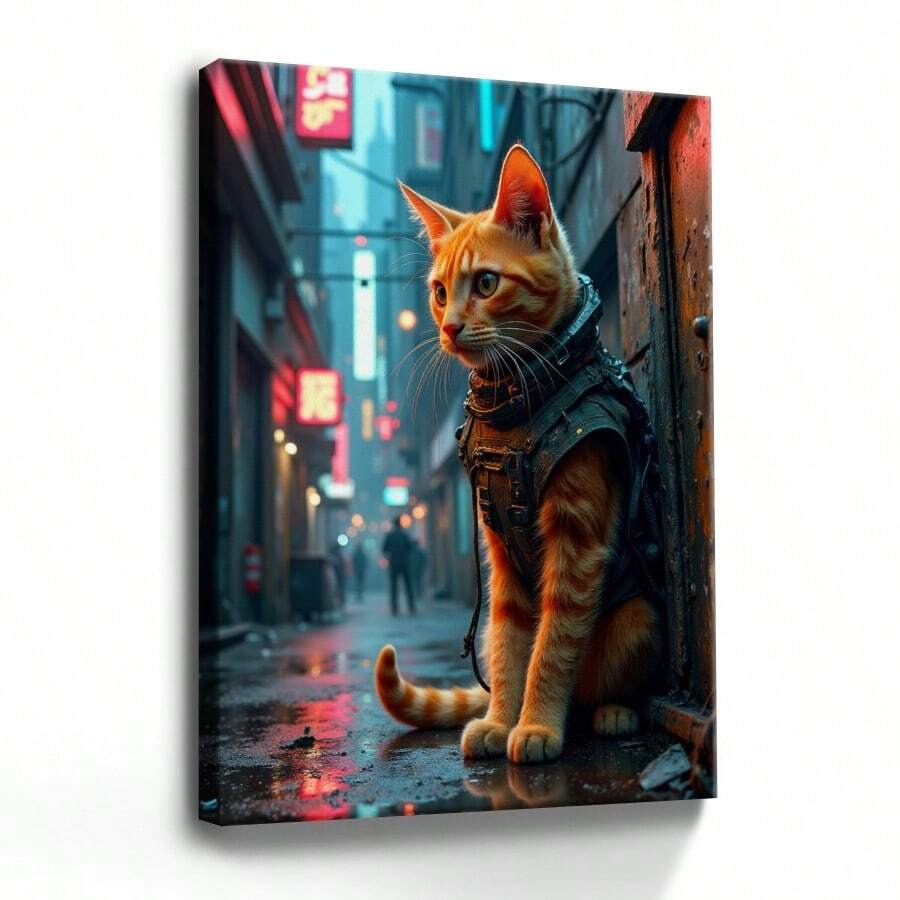 1pc Framed Canvas Poster, Orange Cat, Tactical Vest, Cyberpunk-Style Wall Art Canvas Paintings, Ideal Gift For Bedroom Living Room Corridor, Wall Art, Wall Decor, Room Decoration - Multicolor - View 1