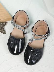 New Rhinestone Ribbons Knitted Flowers Ballet Shoes For Girls - Black - View 4