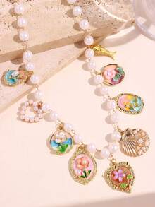 1pc Vintage Elegant Floral Necklace, Multicolor Enamel Alloy Pendant Beaded Necklace For Women, Cute Flower, Shell, Fish, Heart Design For Daily Wear - Multicolor - View 7
