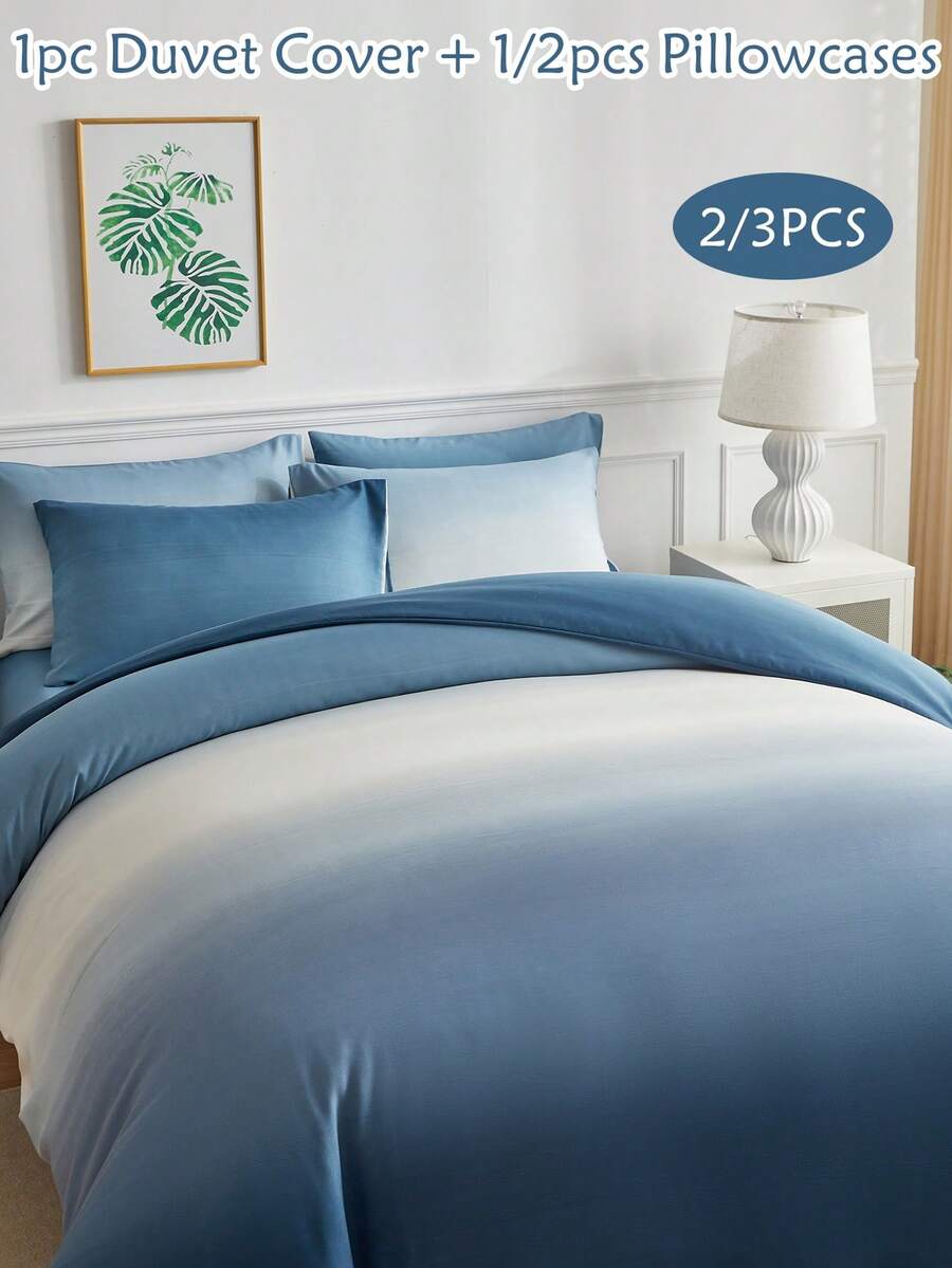 2/3pcs Ombre Blue Polyester Duvet Cover Set, Fashionable Modern Style Duvet Cover & Pillowcase Set Suitable For All Seasons (1 Duvet Cover + 1/2 Pillowcase) - Blue - View 1