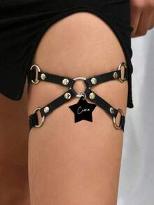 1pc Custom Personalized Text Heart Star Butterfly Round Ring Leg Garter, Dark Grunge Style Street Fashion, Birthday Gift - Black - View 2