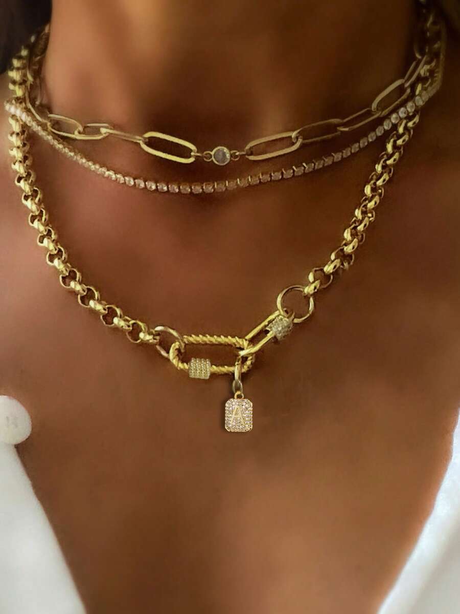 STYLEVER 1pc A-Z Gold Initial Letter Necklace,Twenty-Six Letter Necklace,Pendant Necklace,Special Meaning Necklace,Screw Clasp Link Chain Necklace,Stainless Steel Chain - Gold - View 1