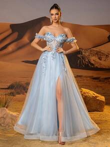 3D Flower Tulle Prom Dresses Long Off Shoulder Corset Sparkly Sequin Lace Embroidery Formal Party Gown For Women High Split A Line Homecoming Dresses For Teen - Blue - View 8