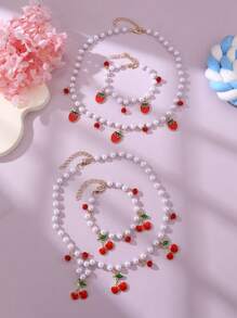 2 pezzi/set Collana e braccialetto in perle finte a forma di fragola e ciliegia, gioielli da ragazza, adatti per uso quotidiano, vacanze, feste, regali