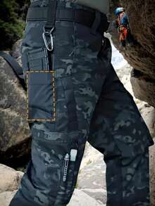 2Pcs Men's Solid & Camo Print Pockets Zipper Waterproof Tactical Cargo Pants Without Belt, Regular Fit Sporty Pockets Durability Trousers For Fall, Wear-Resistant Outdoor Training Pant For Men - Black+MICAI - 查看 7