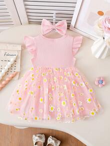 女婴花卉印花圆领荷叶边盖袖连衣裙，配有蝴蝶结头带，适合外出、聚会和拍照 - 粉色 - 查看 2