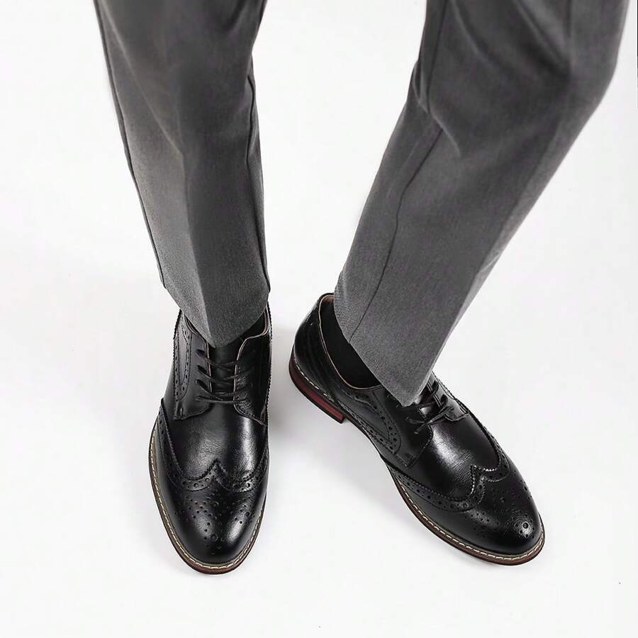 Men's Brogue Business Shoes, Embossed Leather Uppers Vintage Style, Wooden Heel Rubber Outsole, White Stitching