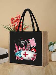 女士托特包 - 护士图案单肩包，便携手提包，手绳钱包，化妆包，零钱包，大容量购物袋，女士亚麻大容量手提包。大容量，购物袋。女士礼物，完美的节日单肩包，护士礼物，母亲节礼物，适合日常旅行、海滩度假、学校、大学、工作、商务、通勤、户外、度假 - 黑色 - 查看 2