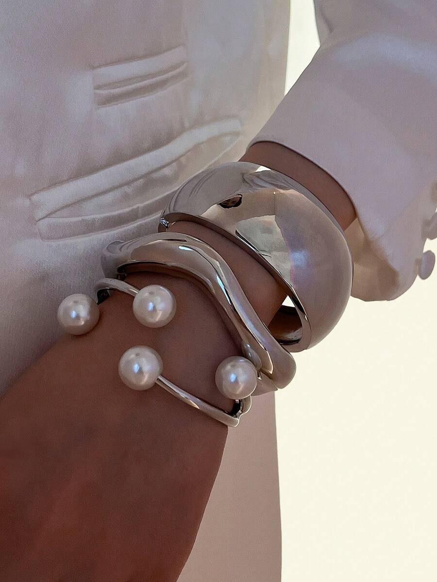 1 Pc American European Asymmetrical Cuff Bangle Bracelet / Basic Design Chunky Statement Bracelets Minimalist Bangles Set For Daily Wear - Silver - View 1