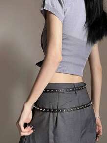 1 pieza Cinturón extra largo de mujer de doble capa casual, estilo punk retro con hebilla de metal, remaches, correa de cuero vaquero occidental para uso diario, fiestas, escuela, otoño, Halloween