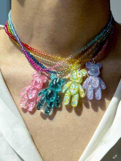 1 Stück bunter glänzender Bären-Halskette, glitzernder Harz-Bär mit Farbverlauf Kristall-Perlen-Kette, süße und niedliche Schmuckstücke für den täglichen Modestil von Frauen
