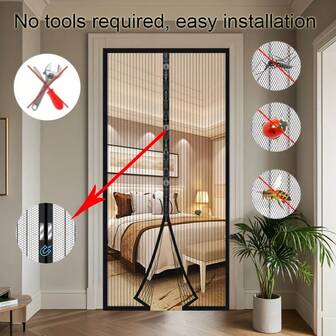 1 件磁性柔软薄纱窗帘，夏季蚊帐窗帘，自粘磁性窗帘，条纹透气网状窗帘，带绑带装饰，免提出入防虫网窗帘，家居和卧室门帘