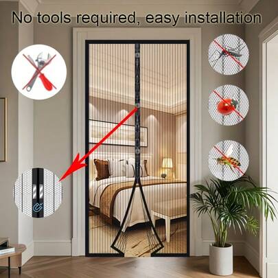 1 件磁性柔软薄纱窗帘，夏季蚊帐窗帘，自粘磁性窗帘，条纹透气网状窗帘，带绑带装饰，免提出入防虫网窗帘，家居和卧室门帘