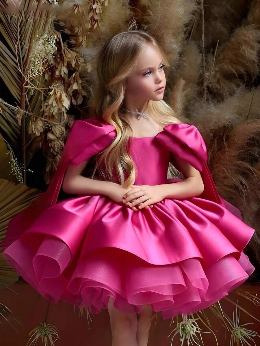 优雅的紫红色蝴蝶结花童礼服，女童晚礼服，公主裙，舞会礼服，婚礼，生日，派对，圣诞节，毕业典礼 - 玫紅色 - 查看 1