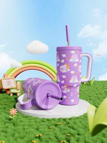 24盎司带把手保温杯，真空隔热不锈钢旅行杯，带吸管，真空隔热水瓶，可重复使用的不锈钢水瓶 - 保温/保冷长达24小时 - 紫色 - 查看 3