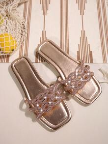 New Design Women's Glass Rhinestone Decor Casual Strap Flat Beach Sandals, Summer - Champagne - View 5