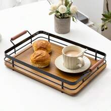 1 tavă dreptunghiulară combinată din fier și lemn, tavă de servire minimalistă din bambus și lemn cu mâner metalic, potrivită pentru acasă, cafenea, hotel