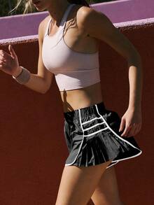 Fisoew Women's Workout Shorts - Lightweight Quick Dry Gym Running Shorts With Pleated Contrast Stitch | High Waisted Athletic Shorts, Yoga Tennis Volleyball, Plus Size, Summer Activewear - 黑色 - 查看 3