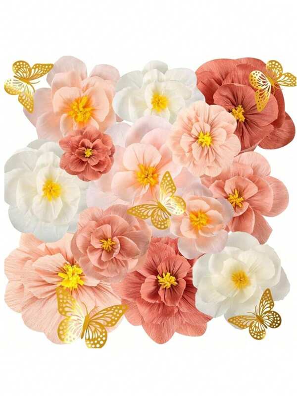 24pcs/12pcs Crinkle Paper Butterfly Decorations, DIY Wedding Home Decor, Beige And Lotus Pink Paper Flowers Party Background Set, Suitable For Birthday Party, Wedding Decor, Proposal Party, Wall, Arch, Valentine's Day, Mother's Day, Romantic Ambiance