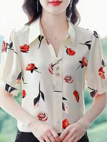 Cămașă la modă cu mânecă scurtă cu imprimeu floral pentru femei - Multicolor - Vizualizare 3