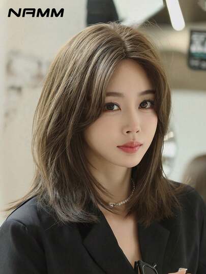 NAMM 1 件优雅棕色分层假发，适合女士 16 英寸齐肩长度合成中分假发，高温纤维假发，适合女孩日常使用