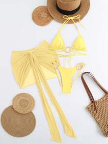 3pcs Set Women Velentines Hibiscus Red Swimwear For Summer Days From Poolside To Beachside, Basic Elegant Bikini Floral Decor Coverups Sarong Beachwear,Easter,Holiday Outfits,Going Out Tops,Date Night Outfits Women,All Women Clothes,Fall Clothes - Yellow - View 2