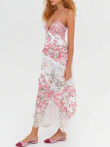 Summer Boho Maxi Dresses For Women Casual Y2k Floral Print Sleeveless Lace Patchwork Backless Ruffles Long Dress Spaghtti Strap Sling Dress Beach Vacation Sundress Streetwear Flowy Swing Dress - 粉色 - 查看 7