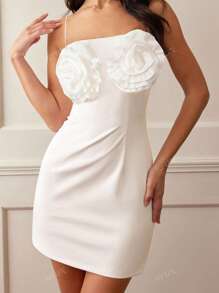 Women's 3D Flower Decoration Spaghetti Strap Short Dress, Spring/Summer