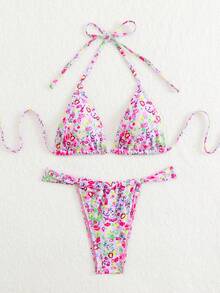 紫色花卉印花性感露背吊带优雅波西米亚风沙滩比基尼，适合海滩、派对、休闲、夜间外出、健身、夏季