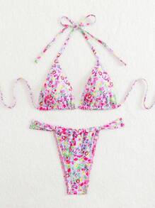 Lila Blumenprint sexy rückenfreier Neckholder eleganter Boho Strand Bikini, geeignet für Strand, Party, Lässig, Nachtausgehen, Fitness, Sommer