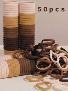 20pcs/50pcs/100pcs/200pcs/Set Black & Colorful High Elastic Hair Ties, Minimalist Seamless Ponytail Holders, Solid Color Stretchy Hair Bands For Women, Comfortable , Essential For Home & Travel Hair Accessories - Rice Coffee - View 11