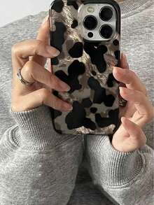 黑色复古琥珀玳瑁纹箔面质感时尚手机壳，兼容 16 Pro Max、Apple 15、软壳 14 新版、12 Pro、13 Pro Max，防摔保护套，防水防震防刮，女士适用，春季礼物 - 銀黑色 - 查看 4