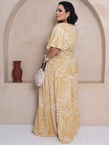 Plus Size Long Dress V Neck Short Sleeve - Nude Estam. - View 3