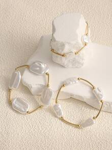 3pcs/Set Fashionable Baroque Faux Pearl Elastic Bracelets, Elegant Bracelet Set For Women, Suitable For Daily, Dating, Party, Wedding Jewelry Wear