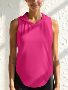 Plain Color Sleeveless Hooded Sports Tank Top, Women Workout Activewear Suitable For Gym, Running, Exercise, Home Summer - Hot Pink - View 6