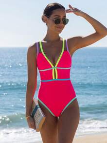 popvil Beach Vacation Deep V-Neck Color Block One-Piece Swimsuit - Hot Pink - View 2