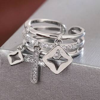 1pc Multi-Line Cross Design Zirconia Inlaid Adjustable Open Ring For Women
