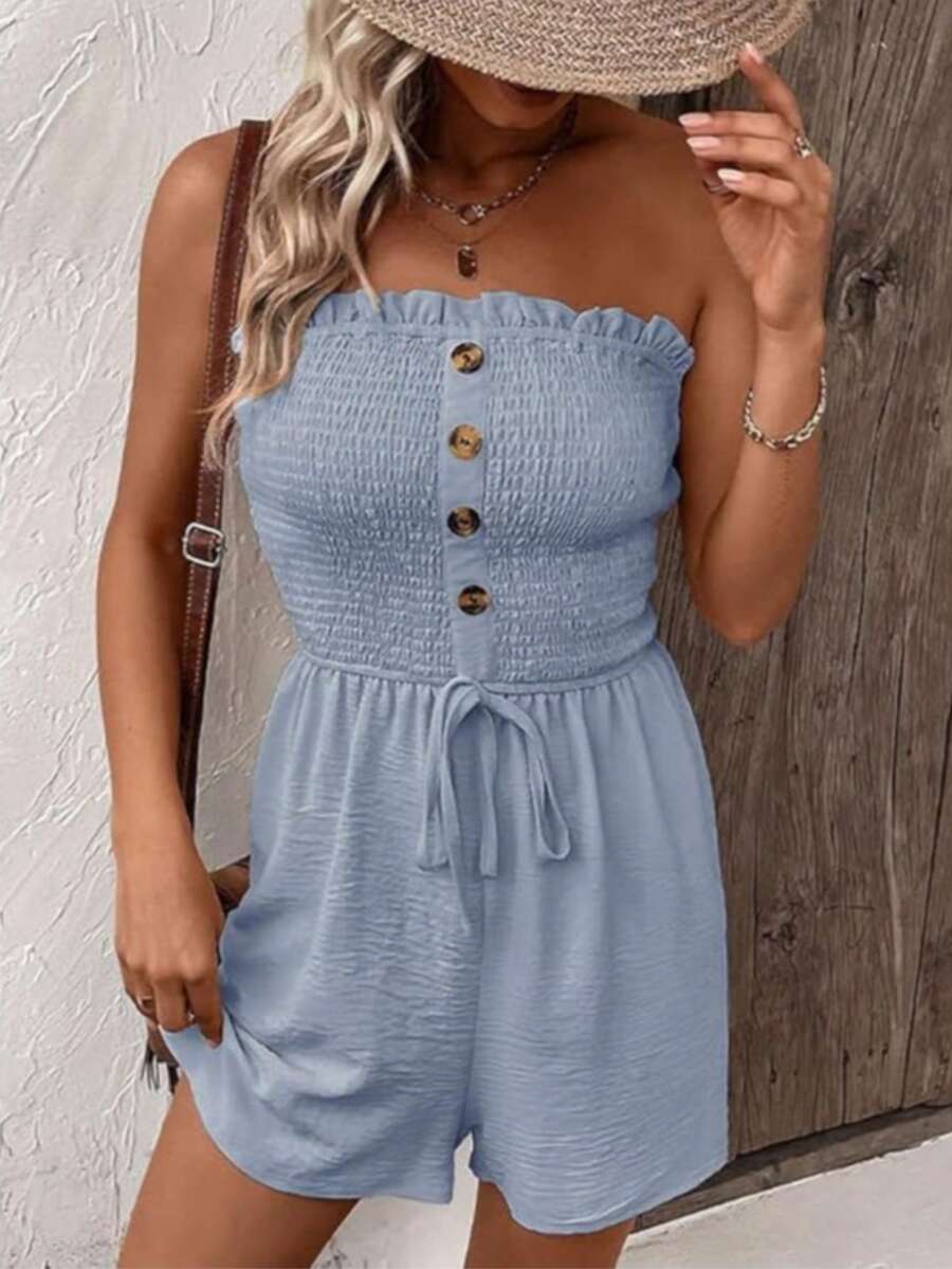 女士纯色连体无袖连体衣，休闲 - 藍色 - 查看 1