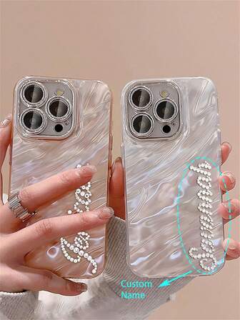Personalized Name Letters Name Rhinestone Water Wave Pattern Customized Compatible With IPhone 16 15 14 13 12 Pro Max 14 15 16 Plus Shockproof Protective Cover,Stylish,Colorful,Vintage,Cute,Contracted,Funny,Custom,Personalized,Unique,Customized,Ideal Gifts For Him,Ideal Gifts For Her,Boyfriend,Girlfriend,Family,Friends,Grandparents,Couple,For Anniversaries,For Birthdays