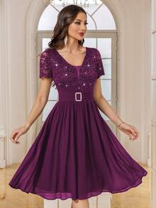 MIUSOL Deep V Neck Sequin Floral Lace Contrast Chiffon Pleated Hem Prom Party Swing Dress,For Birthday, Wedding Guest, Graduation Homecoming - Maroon - View 5