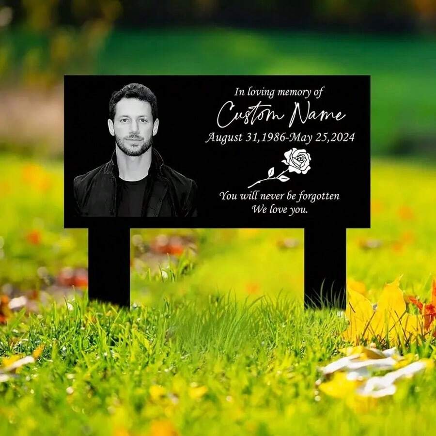 1pc Customizable Memorial Stake - Metal With Colored Photo, Name And Date, For Cemetery Memorial, Personalized Gravestone, Vintage-Style Outdoor Garden Tribute, With Frame And Message, Memorial Day Decoration, Weatherproof, Sympathy Gift - Black - View 1