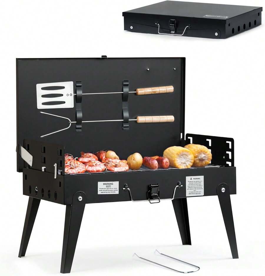 MASTER COOK Portable Charcoal Grill, Foldable BBQ Grill Kit Easy To Carry, Mini Tabletop Grill For Outdoor Camping, Patio And Picnic, 17.1"*10.8"*2.5" - 1 - View 1
