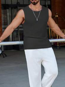 Men's Ribbed Knit Tank Tops Casual Solid Color Sleeveless T-Shirt Workout Training Bodybuilding Tops Streetwear - Black - View 4