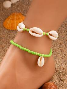 Fashionable Ocean-Themed Shell & Turquoise Beaded Adjustable Anklet, Waterproof Wax Rope Braided, Unisex For Beach Vacation Party - Anklets - View 15