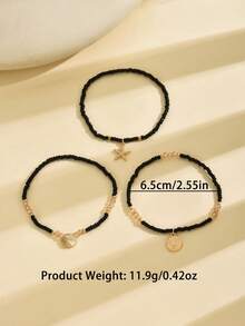 3pcs/Set Elegant Glass Beads Anklet, Colorful Starfish & Shell Pendants, Multi-Layer Stretch Beaded Anklet, Summer Beach Style, Suitable For Daily And Holiday Accessories, All Seasons (Random Color & Quantity) - Black - View 3