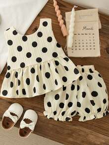 2 件套女婴夏季波尔卡圆点蝴蝶结背心和短裤，可爱休闲度假装 - 黑色 - 查看 2