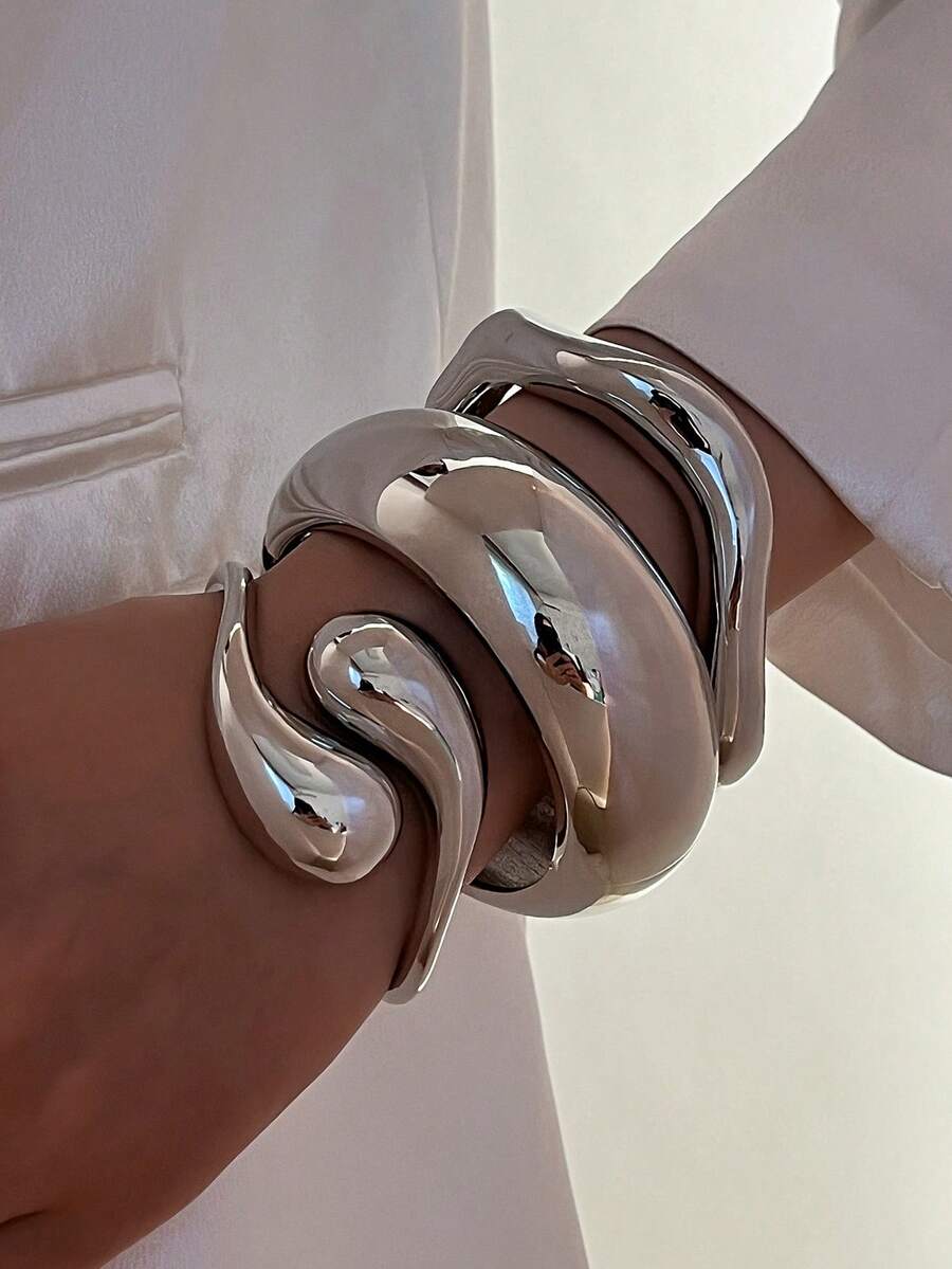 1 Vòng tay thiết kế nhỏ giọt màu bạc / Vòng tay bánh xe tối giản / Bộ vòng tay xếp chồng cho phụ nữ, Trang sức thiết kế cơ bản để đeo hàng ngày - Bạc - Xem 1